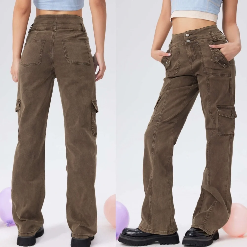 CIDER High Rise Star Studded Wide Leg Cargo Trouser Pants Brown Size Small NEW